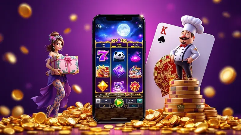 Tampilan permainan slot mobile dengan reels berwarna